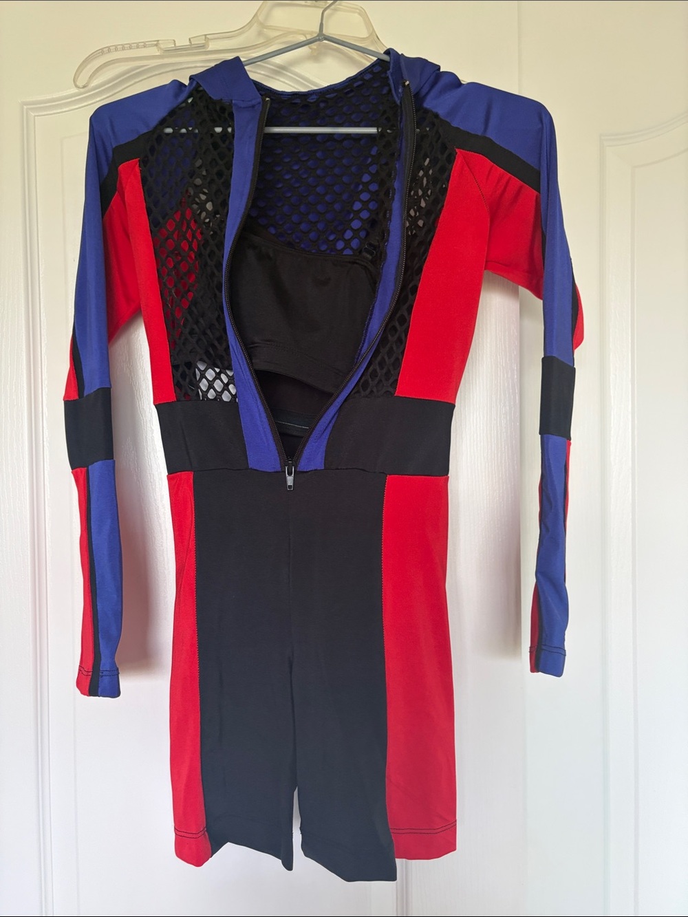 Colorblock Mesh Zip Front Romper Dance Costume hip hop jazz - Red, Black & Blue